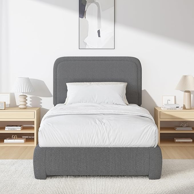 BarnFurin Twin Size Bed Frame, Boucle Upholstered Platform Bed Frame with Headboard, Modern Style, Soft Rounded Corners, No Box Spring Required, Easy Assembly, Dark Grey