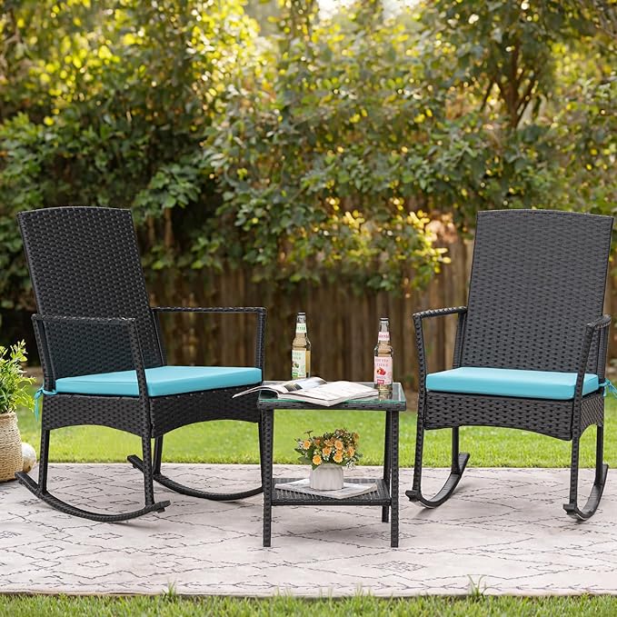 Flamaker Rocking Chair Outdoor PE Rattan Patio Chairs with Glass Table High Back Porch Rocker for Balcony, Garden, Backyard (Blue)