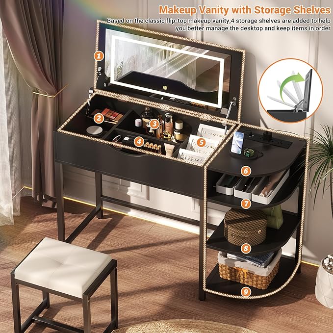 Cyclysio Vanity Desk with Flip Top Mirror and Lights, Makeup Vanity Desk with Drawers, Dressing Table with Storage Shelves & Charging Station, Small Vanity for Small Spaces, Black