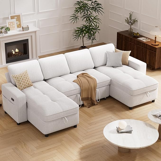 Vipbear Sleeper Sectional Sofa, 105" U Shaped Couch with Pull Out Bed, Convertible Chenille Cloud Sofa with Reclining Backrest | Double Storage Chaise | USB Ports | Tool-Free Assembly | Beige