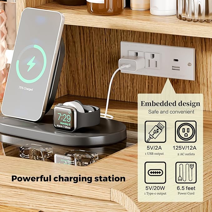 47“Makeup Vanity Desk with Mirror and Lights, Vanity Desk with 7 Drawers & Storage Shelves, Vanity Table with Power Outlet, 3 Color Modes & Adjustable Brightness Dressing Table, Bedroom,Wood