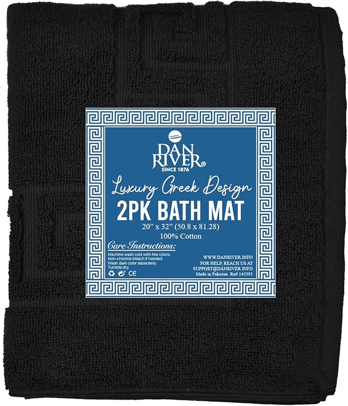 DAN RIVER Greek Bath Mat - Black, 100% Ring Spun Cotton, Pack of 2, 20x32 inches, 800 GSM, Non-Slip, Absorbent, Quick Drying, Machine Washable Bathroom Floor Mats for Shower, Kitchen & Bath