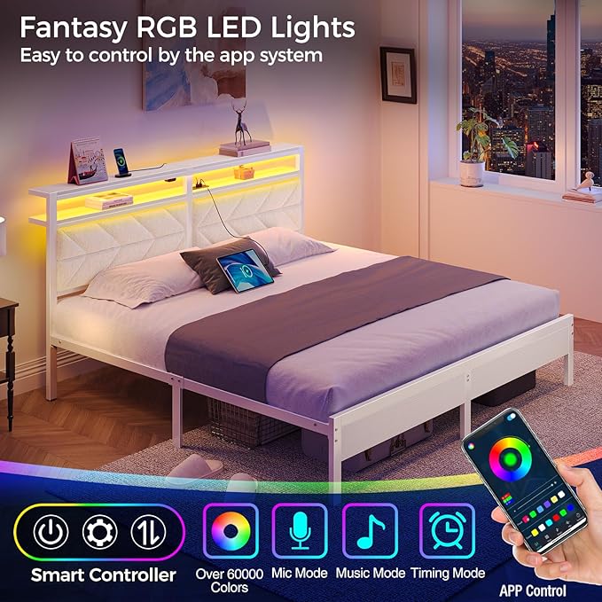 Seventable Bed Frame King Size with Charging Station, LED Bed with Upholstered Storage Headboard, Metal Platform Bed with Under Bed Storage, No Box Spring Needed, Noise Free, Easy Assembly, White