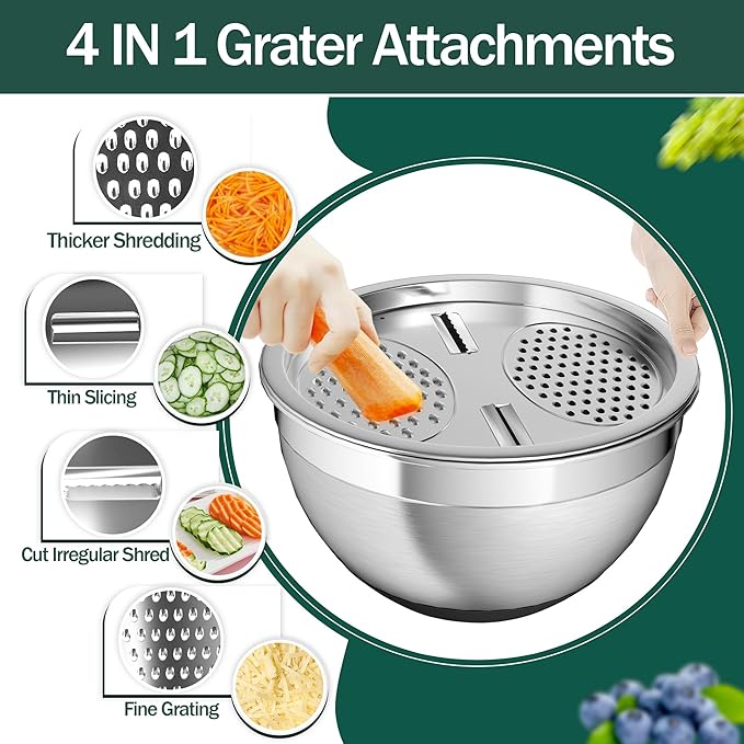 Mixing Bowls with Airtight Lids, Stainless Steel Mixing Bowl Set with 3 Metal Nesting Bowls, Colander & Grater, Non-Slip Bottoms, Size 1.5, 2.5, 5 QT, Great for Mixing & Serving, Black
