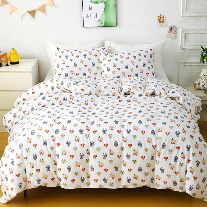 Ivellow Twin Duvet Cover for Kids Cartoon 100% Cotton Kids' Duvet Cover Sets Dog Animal Patterned Duvet Cover Ultra Soft Breathable Cute Toddler Bedding Set Zipper Closure Boys Girls Teens