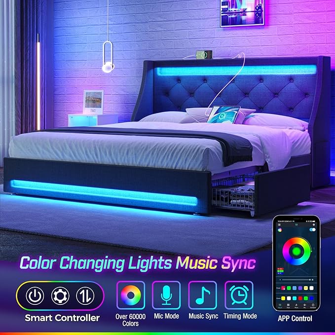 Rolanstar Full Bed Frame with LED Lights and Charging Station, Upholstered Bed with Drawers, Wooden Slats, Noise Free, Easy Assembly, Dark Gray
