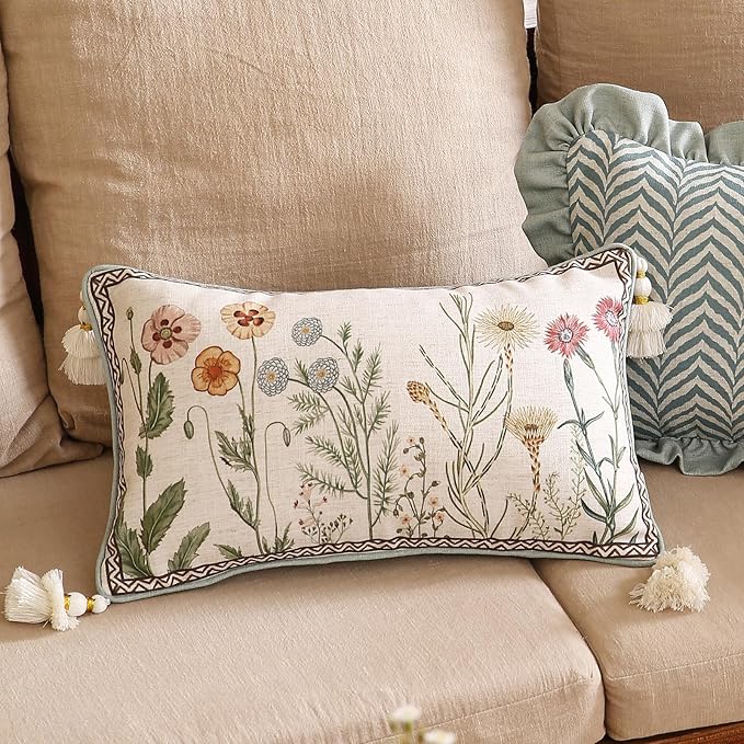 Design Linen Throw Pillow Covers 12"x20" Pack of 2, Lumbar Farmhouse Cushion Covers with Yellow Purple Watercolor Wildflower Pattern Decor Pillowcases for Bed,Living Room,Outdoor,Car