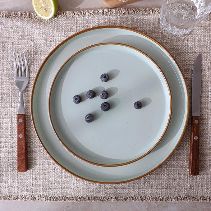 Famiware Nebula Plates and Bowls Sets for 4, 12 Pieces Stoneware Dinnerware Set, Microwave and Dishwasher Safe Dishes Set, Light Green with Brown Rim