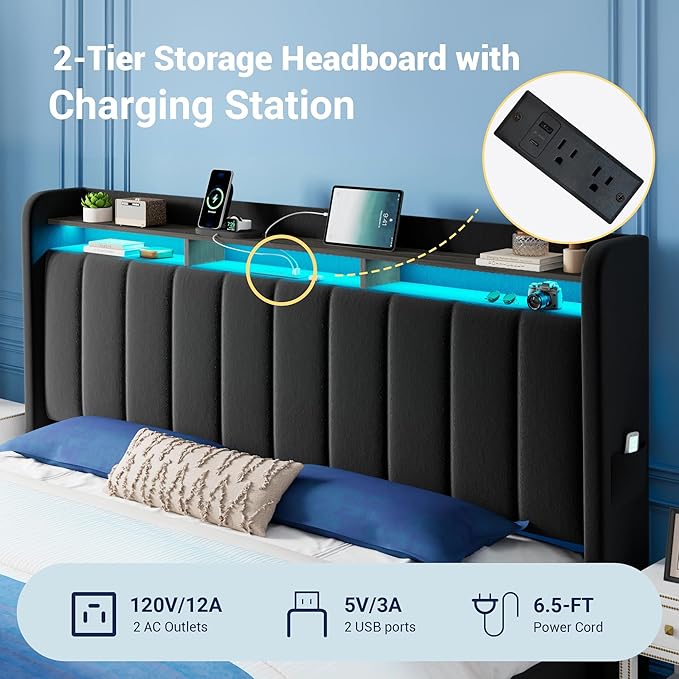 Allewie Velvet Vertical Tufted King Size Upholstered Platform Bed Frame with 2-Tier LED Storage Headboard & 2 Storage Drawers, USB & Type-C Charging Ports, Noise-Free/No Box Spring Needed, Black