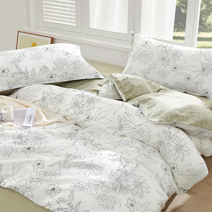 SAPHREAS Sunflower Printed Duvet Cover Set 3pcs King Size Drawing Floral White Bedding Comforter Cover Set 1 Duvet Cover 104"x90" 2 Pillow Shams, Comforter Not Included