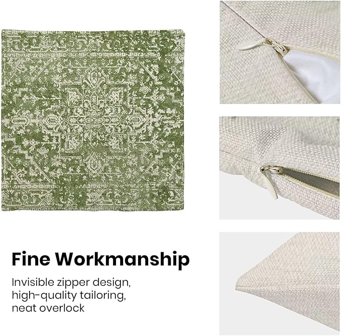Boho Sage Green Throw Pillow Covers 18x18 Inch Set of 2, Carpet Pattern Decorative Throw Pillow Covers Bohemia Sage Green Linen Outdoor Cushion Cover for Sofa Couch Farmhouse Room Bed Decor