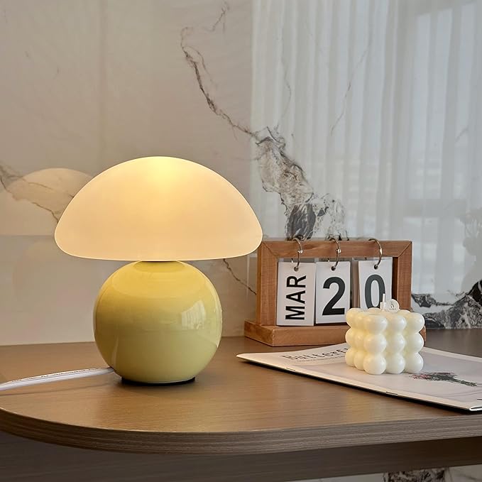 Mushroom Lamp Ceramic Base,Green Cute 70s Mid Century Modern Decor Lamp for Bedroom,Small Abstract Table Bedside Glass Mood Coze Fun Warm Light