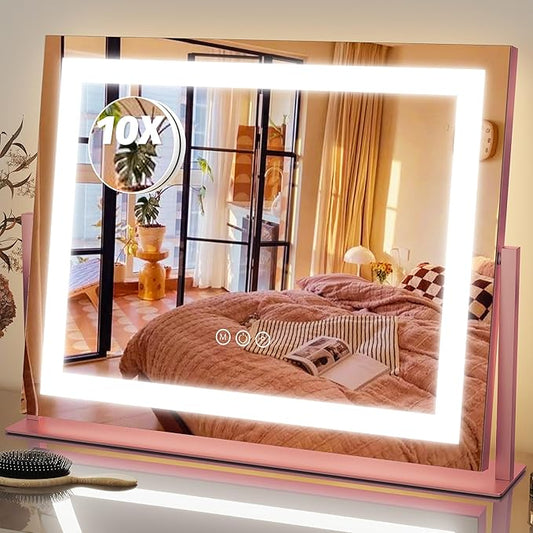 FENNIO Vanity Mirror with Lights 22''x18'' Makeup Mirror with Lights,Lighted Makeup Mirror with 10X Magnification，Smart Touch Screen with 3-Color Lighting,Dimmable（Square Pink）