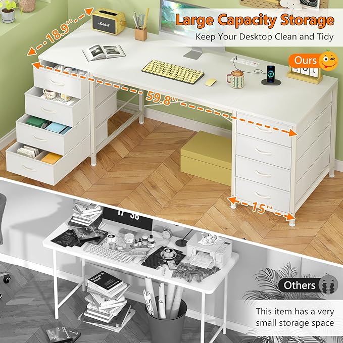 60 Inch Computer Desk with 8 Drawers, Home Office Desk with Power Outlets, Work Study Gaming Desk with 8 Fabric Drawers, White