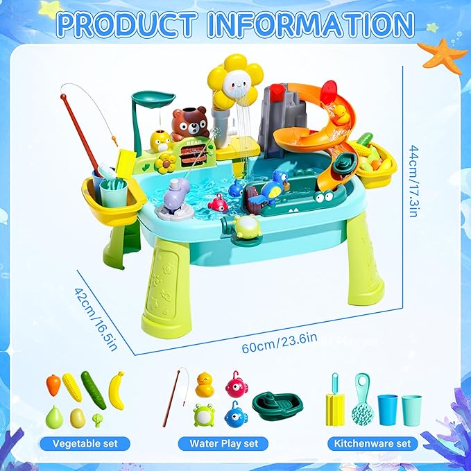 2026 Water Table for Kids Ages 3+ with Pump, Sensory Tables with Play Vegetables, Tableware & Fishing Game, Outdoor Toy Summer Beach for Kids Boys Girls Age 3+