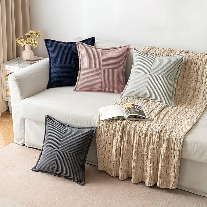 MIULEE Decorative Throw Pillow Covers for Couch Bed Livingroom 18x18 Inch Set of 2 Blush Pink Boho Accent Throw Pllows Broadside Striped Patchwork Soft Corduroy Pillowcases