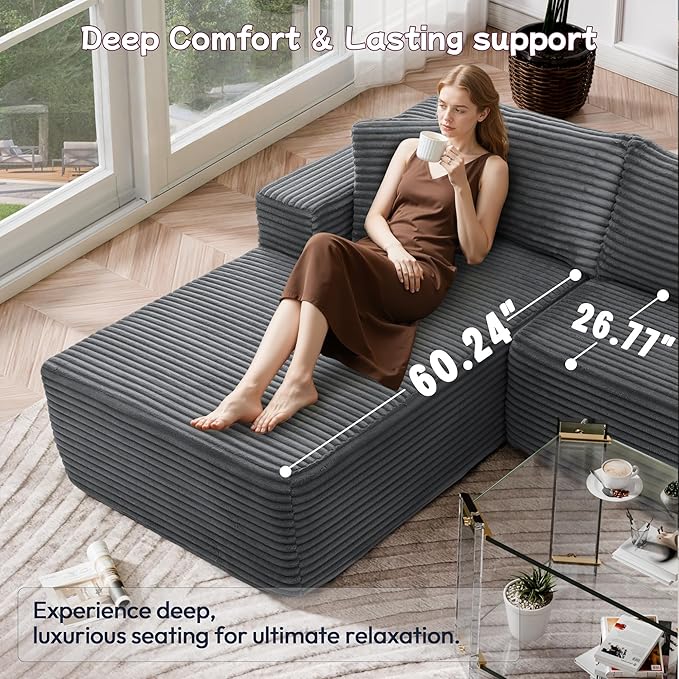 105" Cloud Sectional Couch with L-Shape Chaise,Modern Modular Sofa with Deep Seat, Fluffy Boneless Couches for Living Room Bedroom,No Assembly Required, Dark Gray (Plush Flannel Fabric)