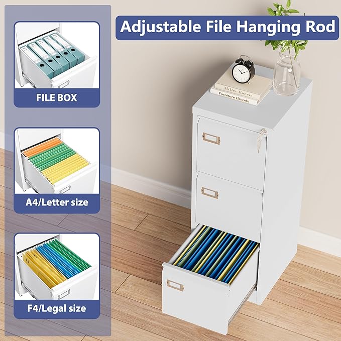 3 Drawer File Cabinet with Lock, Metal Filing Cabinets, Vertical Small Filing Cabinet Steel Lockable Storage Cabinets for Home Office to Organization Hanging Letter/Legal/F4/A4