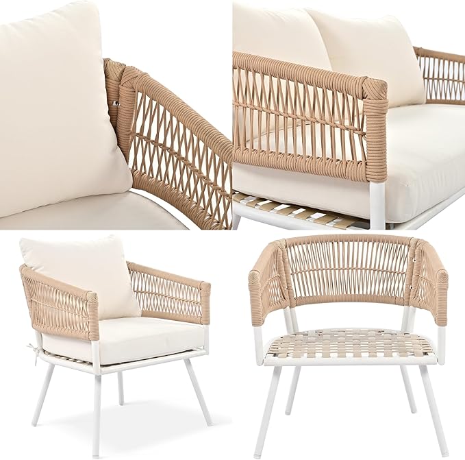 4-Piece Rope Outdoor Furniture Set - Patio Conversation Sofa Set with Acacia Wood Table, Metal Furniture with Deep Seating & Thick Cushion for Backyard, Balcony, Deck, Beige