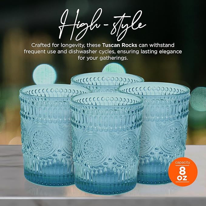 IMPULSE! Tuscan Rocks Glass Set - Aqua, Dishwasher Safe, Chic Vintage Style - 8 oz - Ideal for Gin, Mixed Cocktails, Bourbon, Margaritas, Soft Drinks, Beer, Water - Mexican Style Glasses - Set of 4