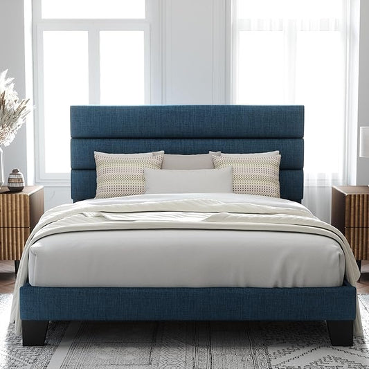 Allewie Full Size Platform Bed Frame with Fabric Upholstered Headboard and Wooden Slats Support, Fully Upholstered Mattress Foundation/No Box Spring Needed/Easy Assembly, Navy Blue