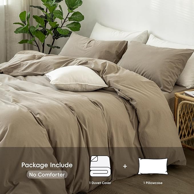 MooMee Bedding Duvet Cover Set 100% Washed Cotton Linen Like Textured Breathable Durable Soft Comfy (Solid Light Camel, Twin 68"x90")