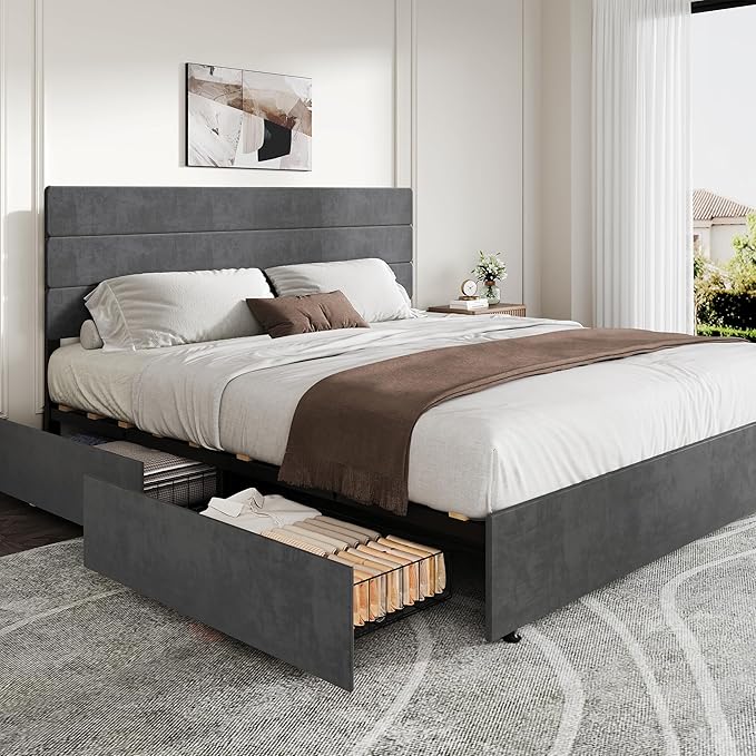 WLIVE King Size Upholstered Bed Frame with 4 Drawers and Velvet Square Tufted Headboard, Sturdy Metal & Wooden Slats Support, No Box Spring Needed, Easy Assembly, Dark Grey