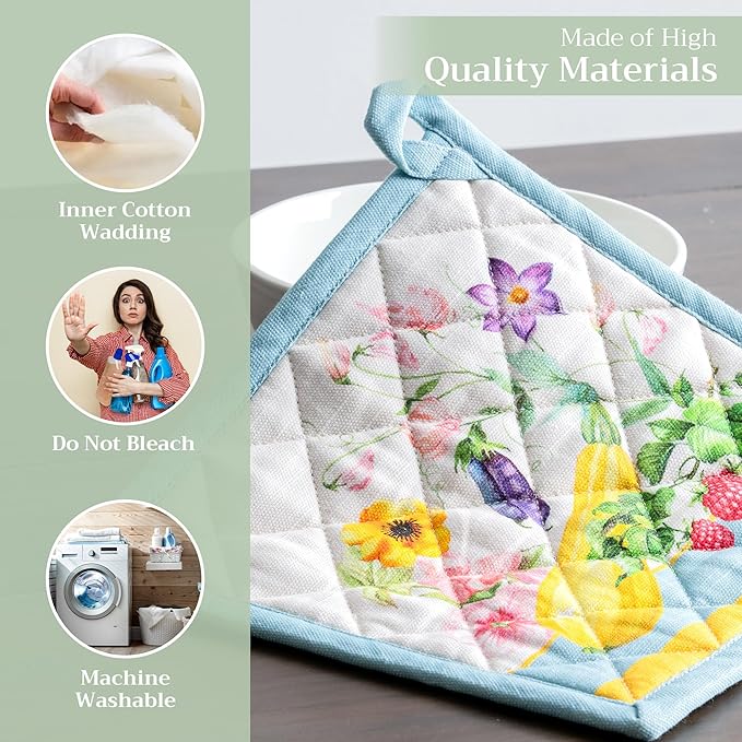 Maison d' Hermine Pot Holders 100% Cotton Heat Resistant Potholders 8" x 8" Hot Pads with Loop BBQ, Cooking, Baking, Grilling, Kitchen, Handling Hot Pans Spring/Summer (Pack of 1, Giverny)