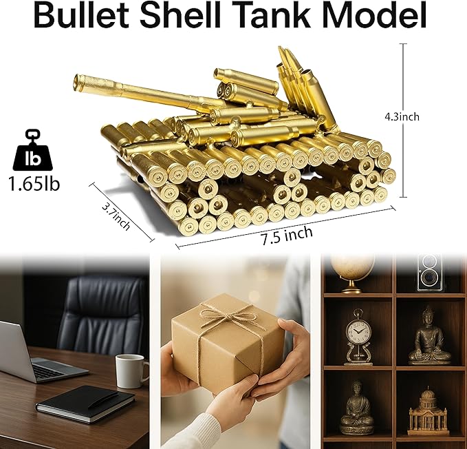 Bullet Shell Military Vehicle Sculptures - Handmade Tank, Airplane, Warship Metal Art Decor for Home, Office, Study Room for Men, Veterans (Tank Model)