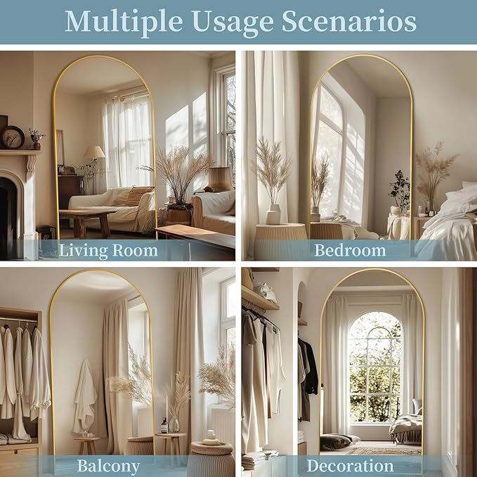 Full Length Mirror with Stand, 72"x44" Arched Full Body Mirror, Large Stand Up Aluminum Frame Floor Freestanding Hanging Leaning Mounted for Bedroom Living Room Entryway Gold