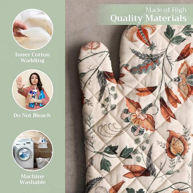 Maison d' Hermine Oven Gloves 100% Cotton Oven Mitt 7" x 13" with Loop Heat Resistant BBQ Cooking Gloves for Thanksgiving Christmas Decorations Baking Handling Hot Pans (Pack of 1, Dalida)