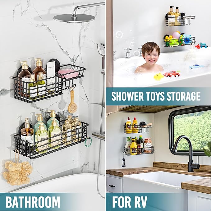 TAILI Shower Caddy Suction Cup 2 Pack with Hooks & Soap holder, Heavy Duty Shower Organizer for Bathroom, No Drilling Bathroom Organizer with Large Capacity, Black Metal Storage Basket