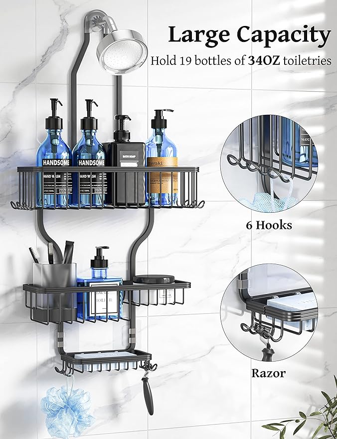 YASONIC Shower Caddy Hanging - Never Rust Shower Organizer - Aluminum over The shower head caddy with 10 Hooks for Razor/Sponge - Shower Rack with Soap Basket - Black