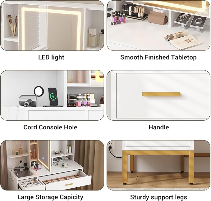 IDEALHOUSE Vanity Desk with Mirror and Lights, 42.5" Makeup Vanity Set with Stool, Makeup Table with Mirror Cabinet and Chair, Drawers & Shelves, Dressing Table with Outlet for Bedroom, White