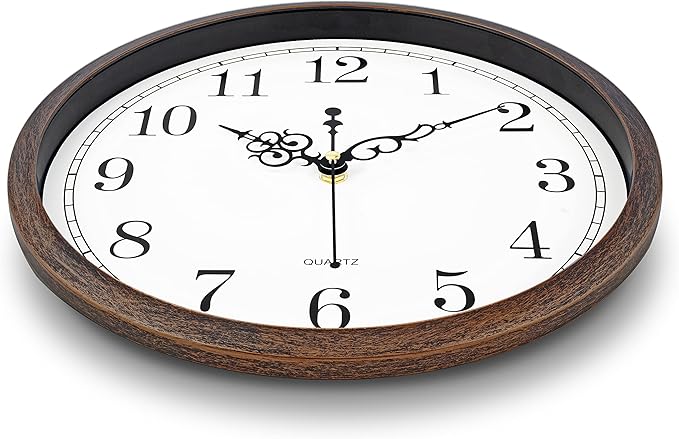 Bernhard Products Wall Clock 12 Inch Silent Non Ticking Movement Quality Quartz Battery Operated Round Easy to Read Decorative Brown Home/Kitchen/Office/Bedroom/Classroom/School Clocks, Black Numbers