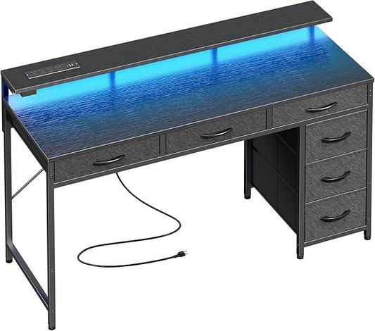 Huuger Gaming Desk with 6 Drawers, Computer Desk with LED Lights Power Outlets and Type-C, 47 Inch Office Desk with Storage, Monitor Stand, Writing Desk Work Desk Home Office, Bedroom, Study, Black