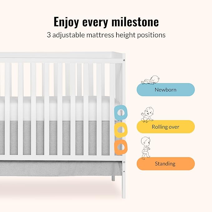 Dream On Me Synergy 5-in-1 Convertible Full-Size Baby Crib with Toddler, Day & Full Bed Conversion in White, GreenGuard Gold & JPMA, 3 Mattress Heights, Sustainable Pinewood