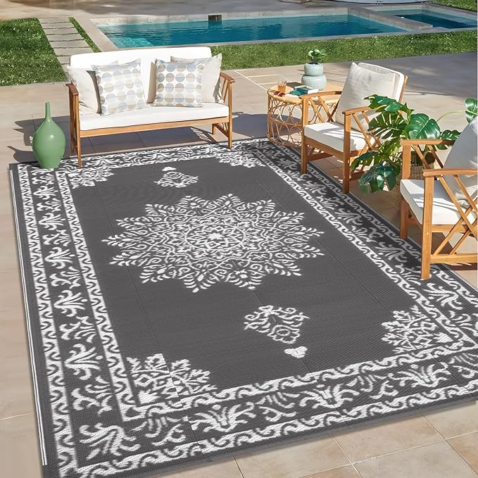 Yamaziot Outdoor Rug 6x9 Ft, Waterproof Plastic Straw Patio Rug, Reversible Backyard Carpet UV Resistant Portable RV Mat Clearance, Large Indoor Outdoor Rug for Patio, Porch, Deck, Balcony, Dark Gray