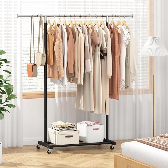 JIUYOTREE Rolling Clothes Rack with Shelf Expandable Clothing Garment Rack with Wheels Width Adjustable Clothing Organizer for Hanging Clothes Shirts Pants Skirts and Bags Black