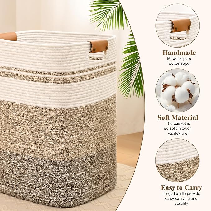 Laundry Hamper, 95L Tall Laundry Basket with Leather Handles, Rectangle Large Clothes Hamper for Organizing, Cotton Woven Laundry Baskets Storage Hampers for Bedroom, Nursery, Living Room