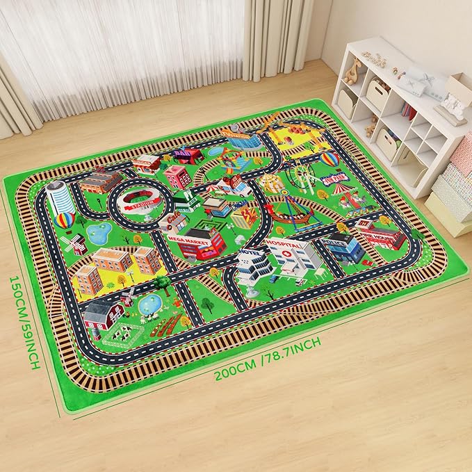 Kids Rug Play Mat for Toy Cars 3D City Life Road Traffic 59"×78.7" for Playroom Kids Car Road Rugs City Map Play Mat Non-Slip Washable Educational Car Rug for Toddler Boy Tummy Time Playtime