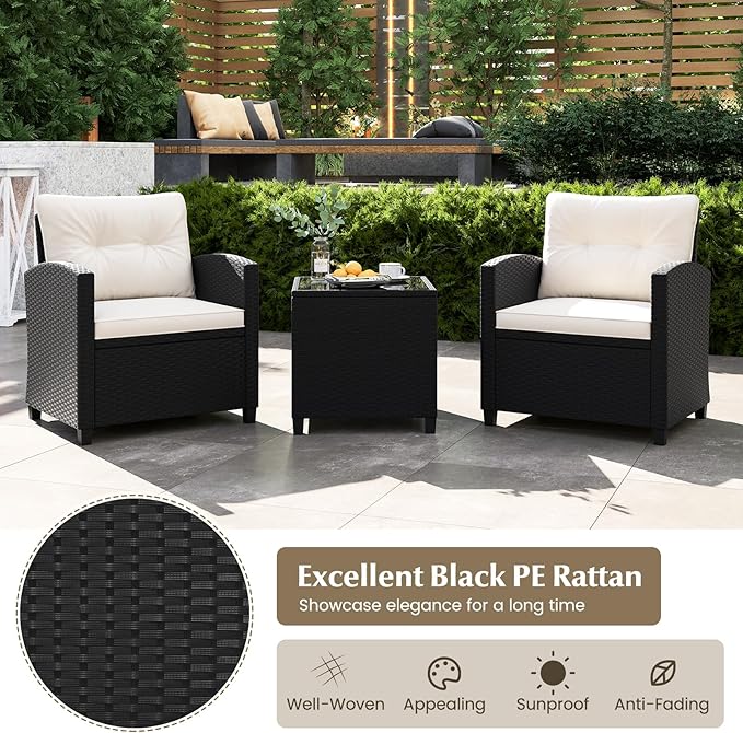 RELAX4LIFE 3-Piece Patio Furniture - Wicker Rattan Bistro Sofa Set w/Glass Top Coffee Table, Washable Cushions for Porch Balcony Backyard Poolside, Outdoor Conversation Set (Off White)