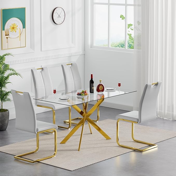 Modern Glass Dining Table Set for 4, Gold Glass Kitchen Table and Chairs Set of 4, 5 Piece Dining Room Table Set with 61" Rectangular Metal Glass Dinner Table and 4 Grey Leather Dining Chairs