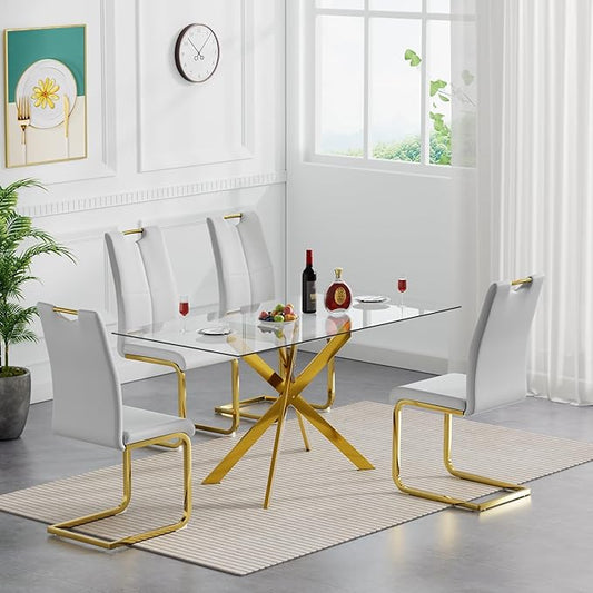 Modern Glass Dining Table Set for 4, Gold Glass Kitchen Table and Chairs Set of 4, 5 Piece Dining Room Table Set with 61" Rectangular Metal Glass Dinner Table and 4 Grey Leather Dining Chairs