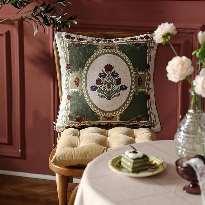 Design Linen Square Throw Pillow Covers 18"x18" Pack of 2, Yellow Green French Cushion Covers with Red Rose Floral Pattern Decoration Pillowcases for Bed, Living Room, Outdoor, Car