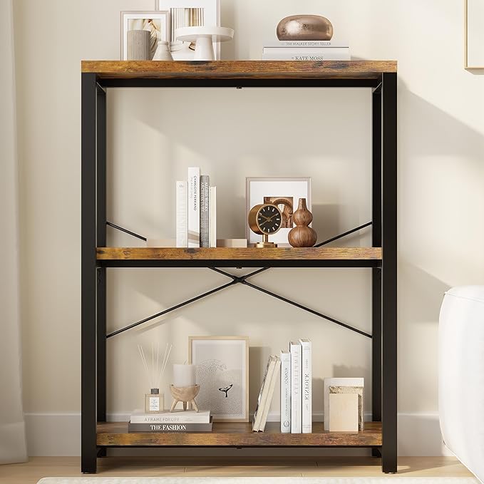 3-Tier Adjustable Heavy Duty Bookshelf, Industrial Wooden Open Storage Rack with Black Metal Frame, Vintage Bookcase with Lock Wall Design, Rustic Brown