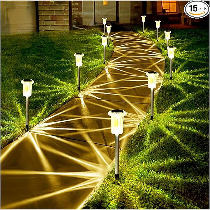 Solar Lights Outdoor 15 Pack Solar Pathway Lights LED Waterproof Stainless Steel Garden Stake for Yard, Outside, Walkway, Sidewalk, Driveway, Lawn (Warm White)