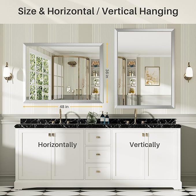 48x36 Inch Silver Bathroom Mirror for Wall, Thick Metal Framed Rectangle Mirrors for Over Sink, Bedroom, Living Room, Entryway, Anti-Rust, HD Tempered Glass