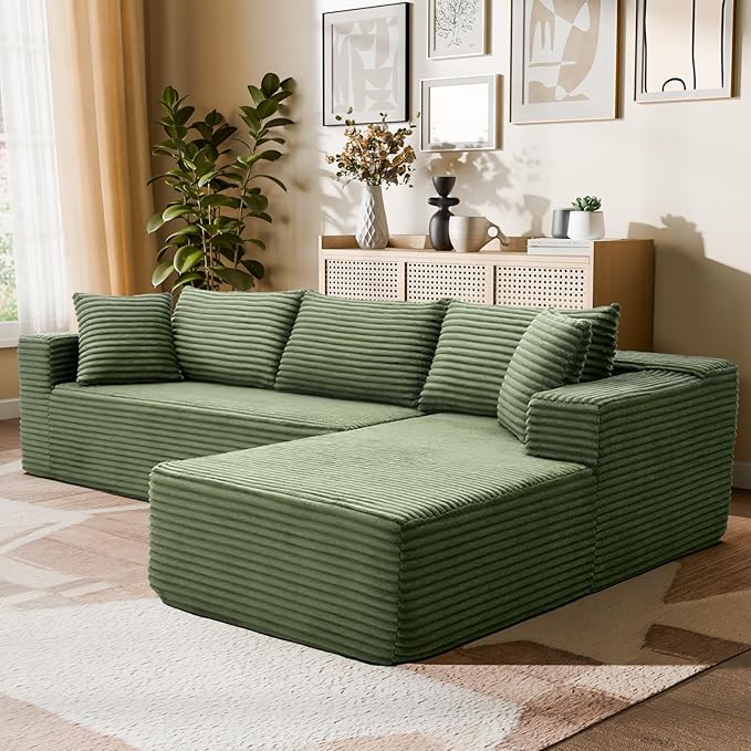 Modern Cloud Modular Sectional Sofa with Chaise, 106" L-Shaped Sofa Couch for Living Room, Deep Seat Plush Boneless Couches, Includes Pillows, Left Chaise, Green
