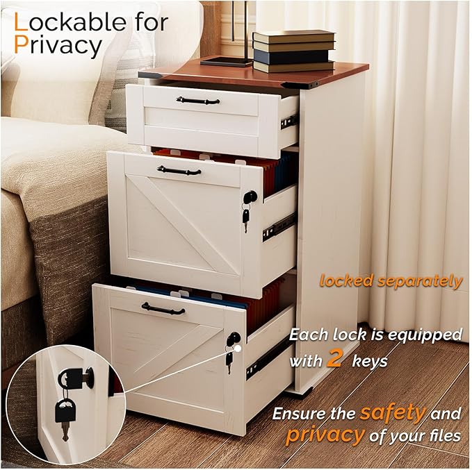 VINGLI 3 Drawer File Cabinet with Lock, Home Office Filing Organizer, for Letter Size File Folder Storage, Modern Farmhouse Style, Wood Vertical Filing Cabinet, Archivador (Rustic White & Brown)